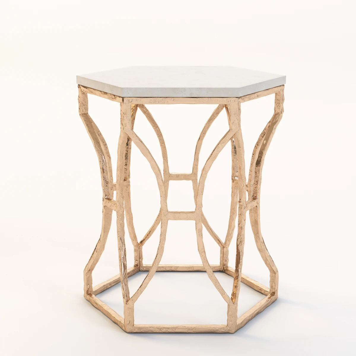Roja Antique Gold Leaf Cream Marble Hexagonal Side Table 3D Model_06