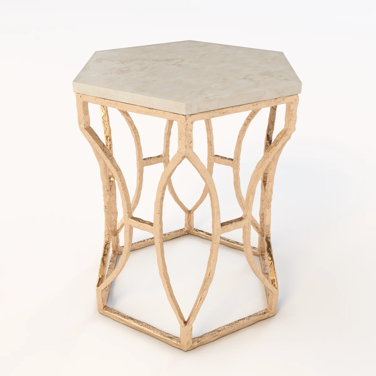 Roja Antique Gold Leaf Cream Marble Hexagonal Side Table 3D Model_03