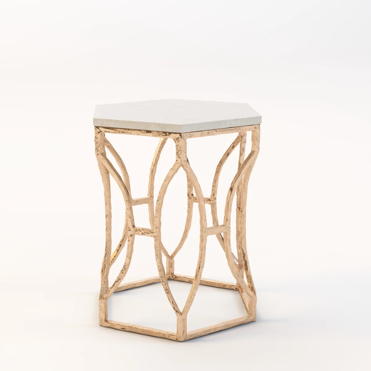 Roja Antique Gold Leaf Cream Marble Hexagonal Side Table 3D Model_01