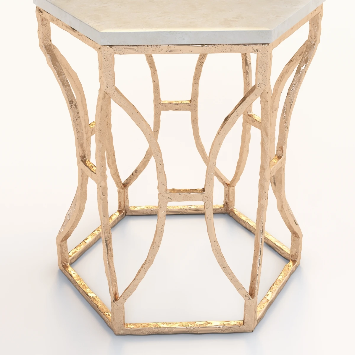 Roja Antique Gold Leaf Cream Marble Hexagonal Side Table 3D Model_05