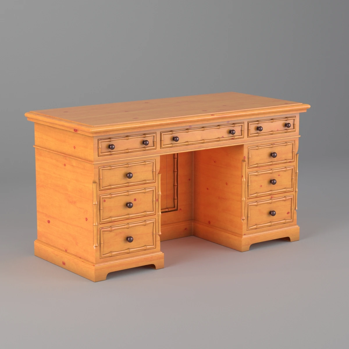 1920s Pine Faux Bamboo Painted Knee Hole Desk 3D Model_01