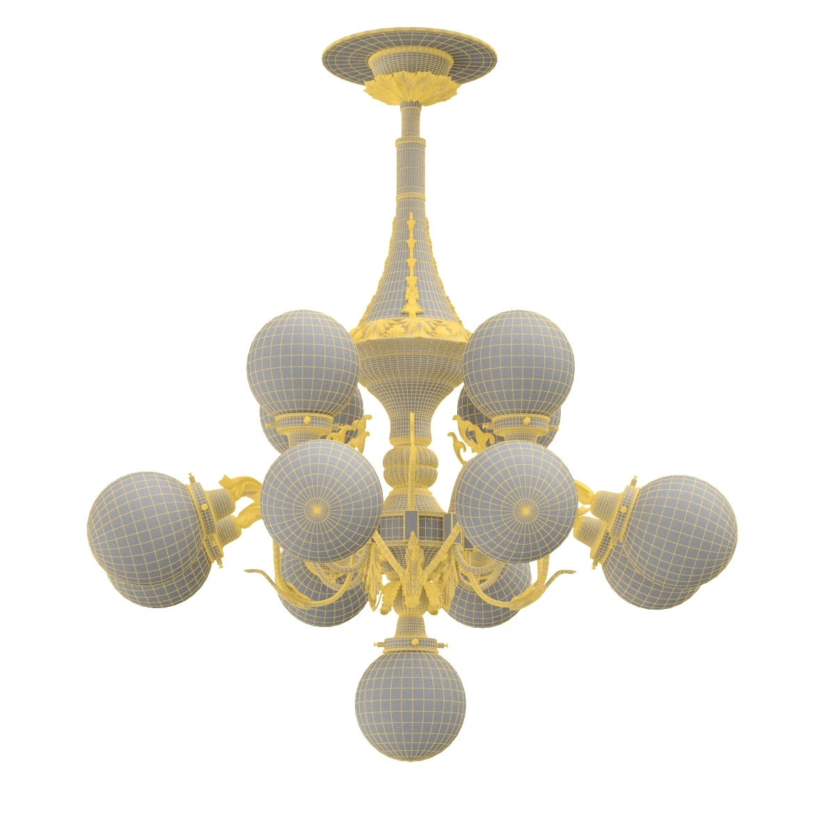 Monumental Brass National Gallery Chandelier with Opaline Glass Globes Prague 1920s 3D Model_07