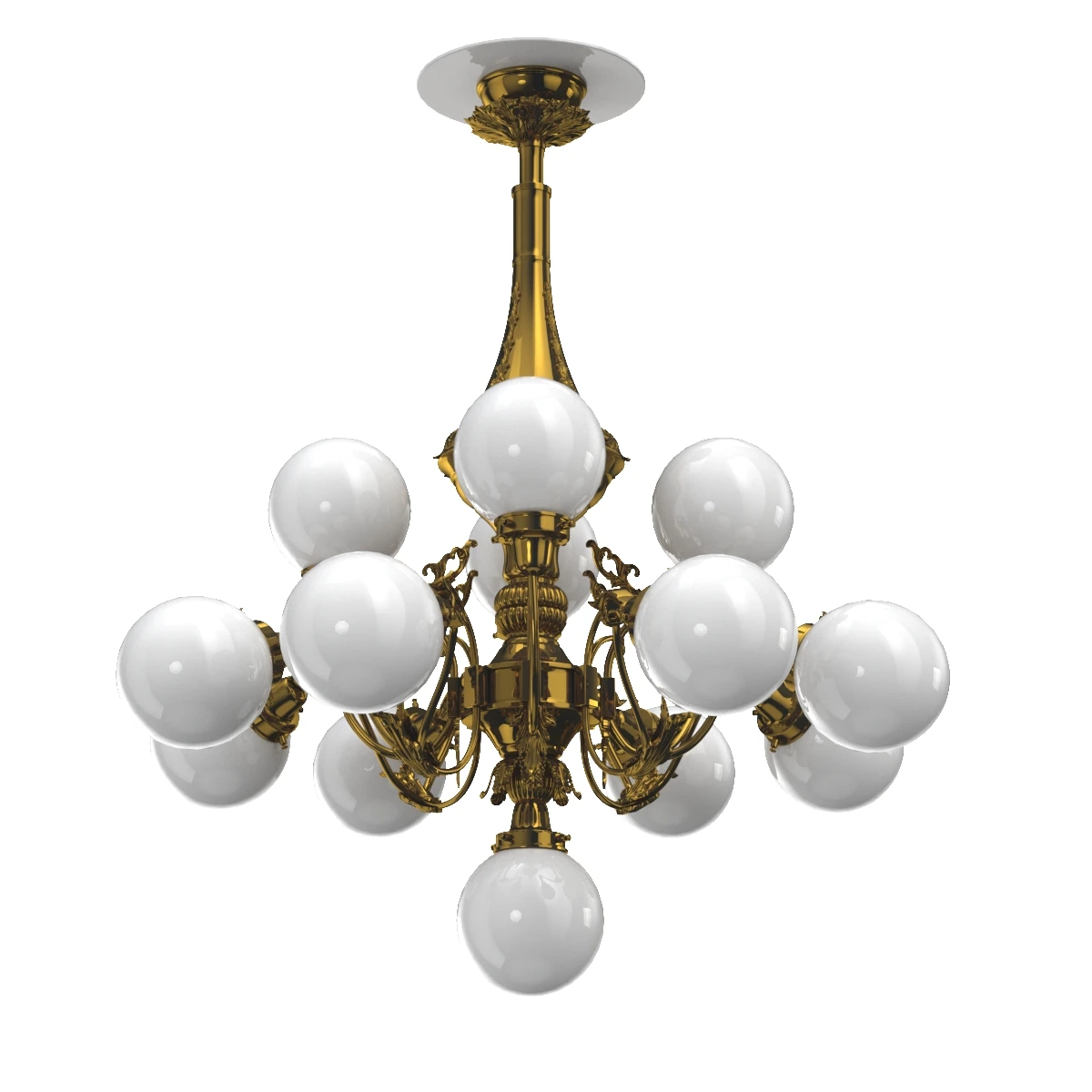 Monumental Brass National Gallery Chandelier with Opaline Glass Globes Prague 1920s 3D Model_05