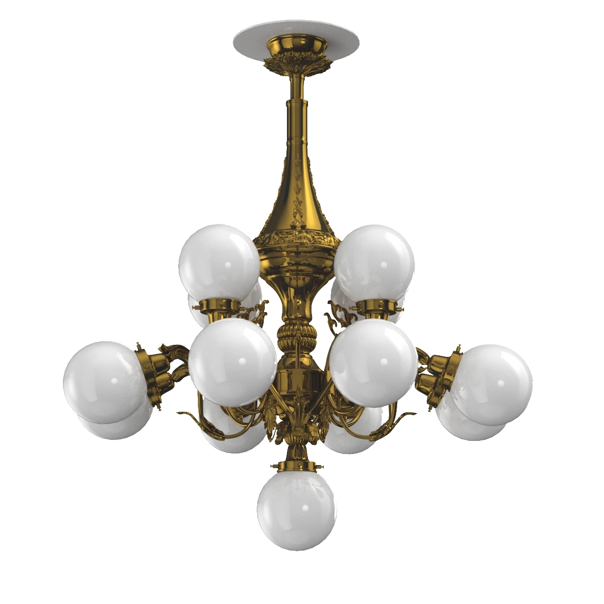 Monumental Brass National Gallery Chandelier with Opaline Glass Globes Prague 1920s 3D Model_01