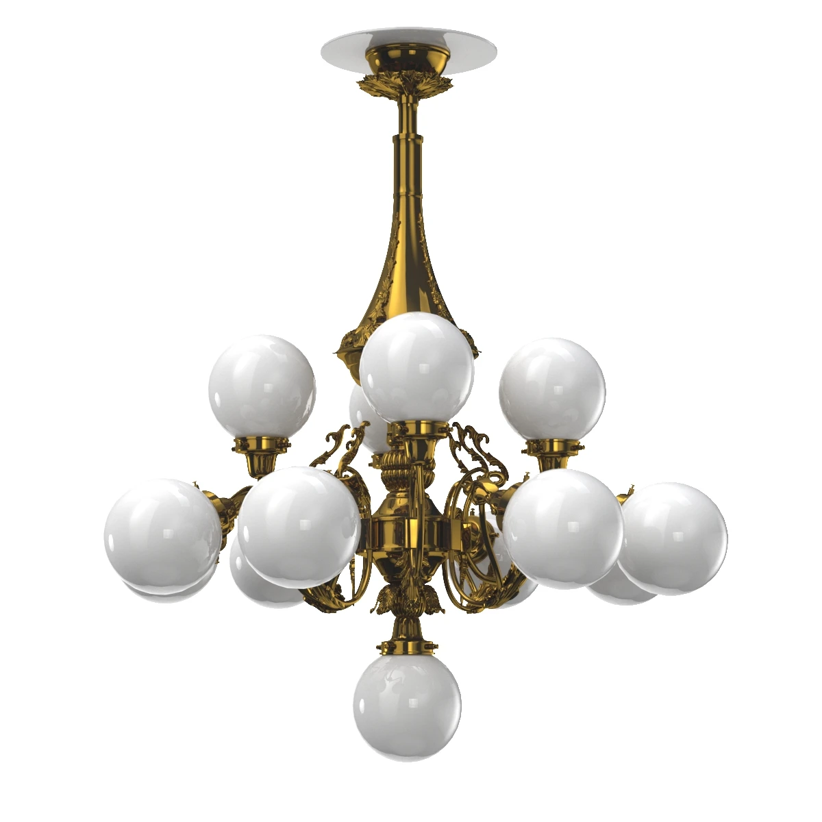Monumental Brass National Gallery Chandelier with Opaline Glass Globes Prague 1920s 3D Model_06