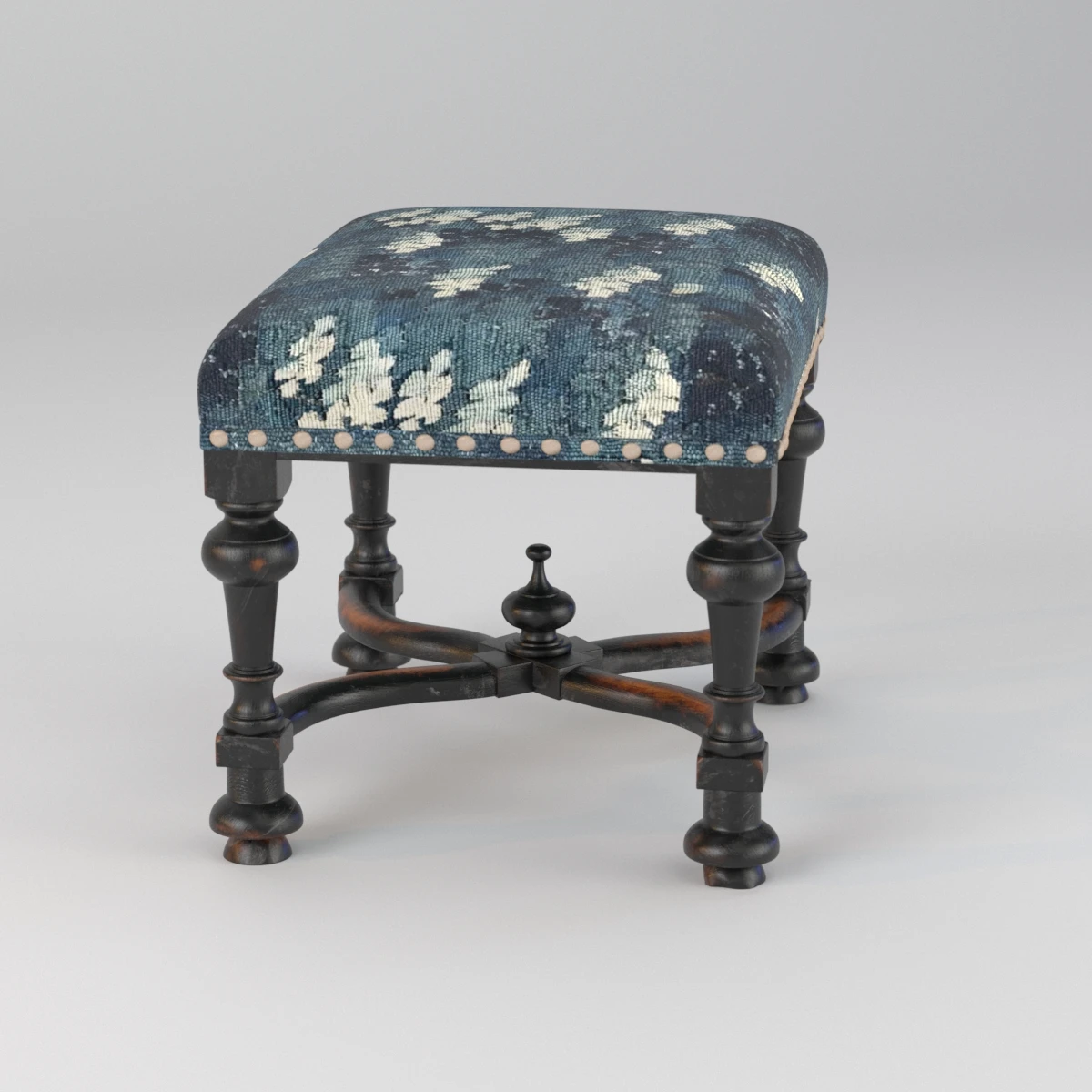 Stool Baroque Upholstered Oak Ebonised X Stretcher Tapestry Verdure Bird 3D Model_03