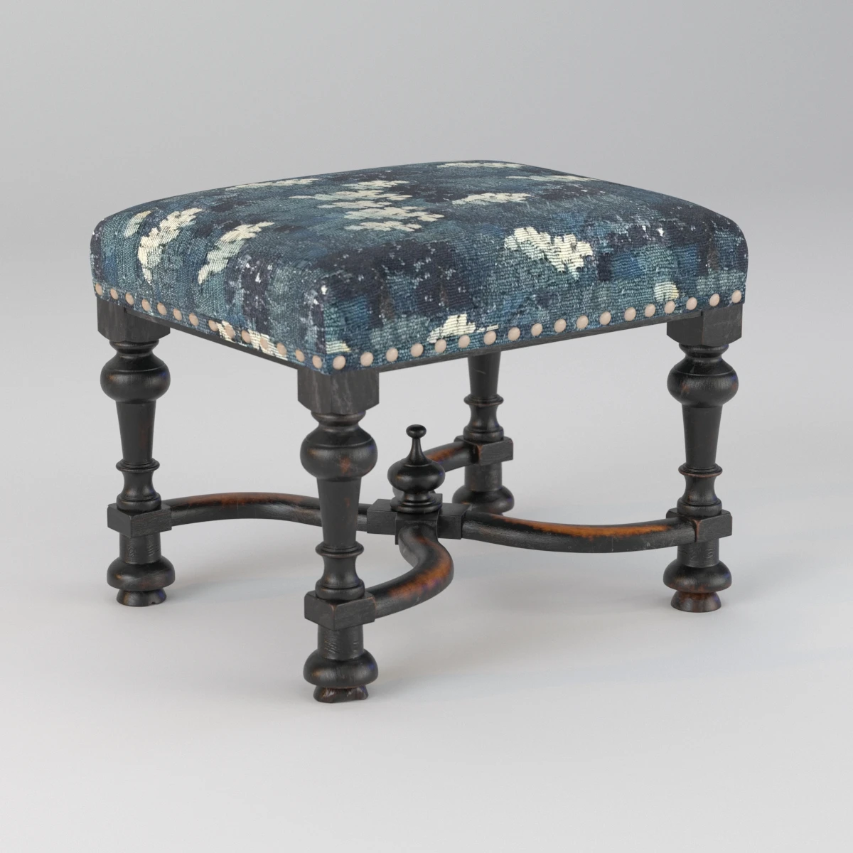 Stool Baroque Upholstered Oak Ebonised X Stretcher Tapestry Verdure Bird 3D Model_01