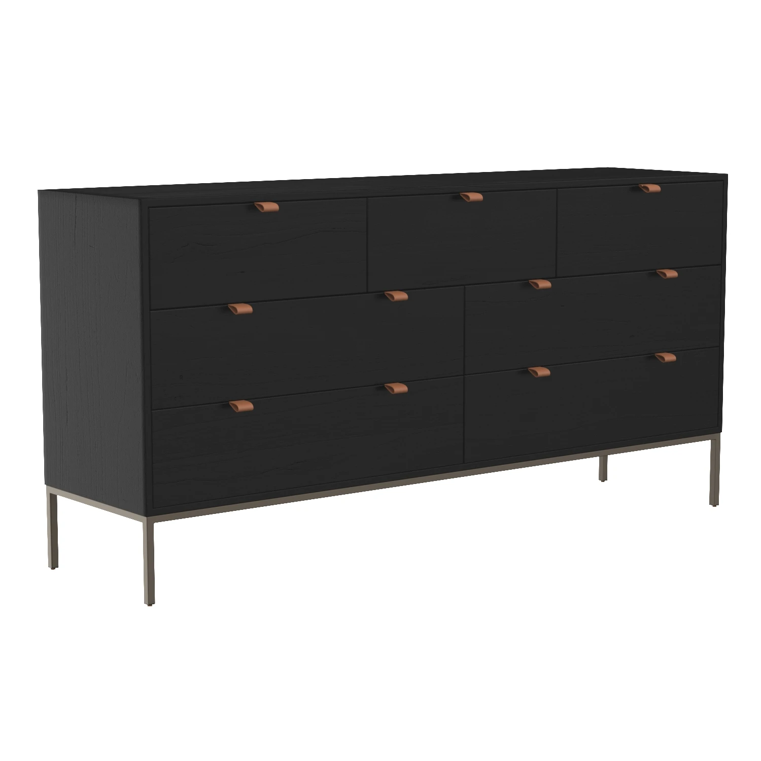 Theodore Modern Classic Black Wood Leather Pull 7 Drawer Dresser 3D Model_01