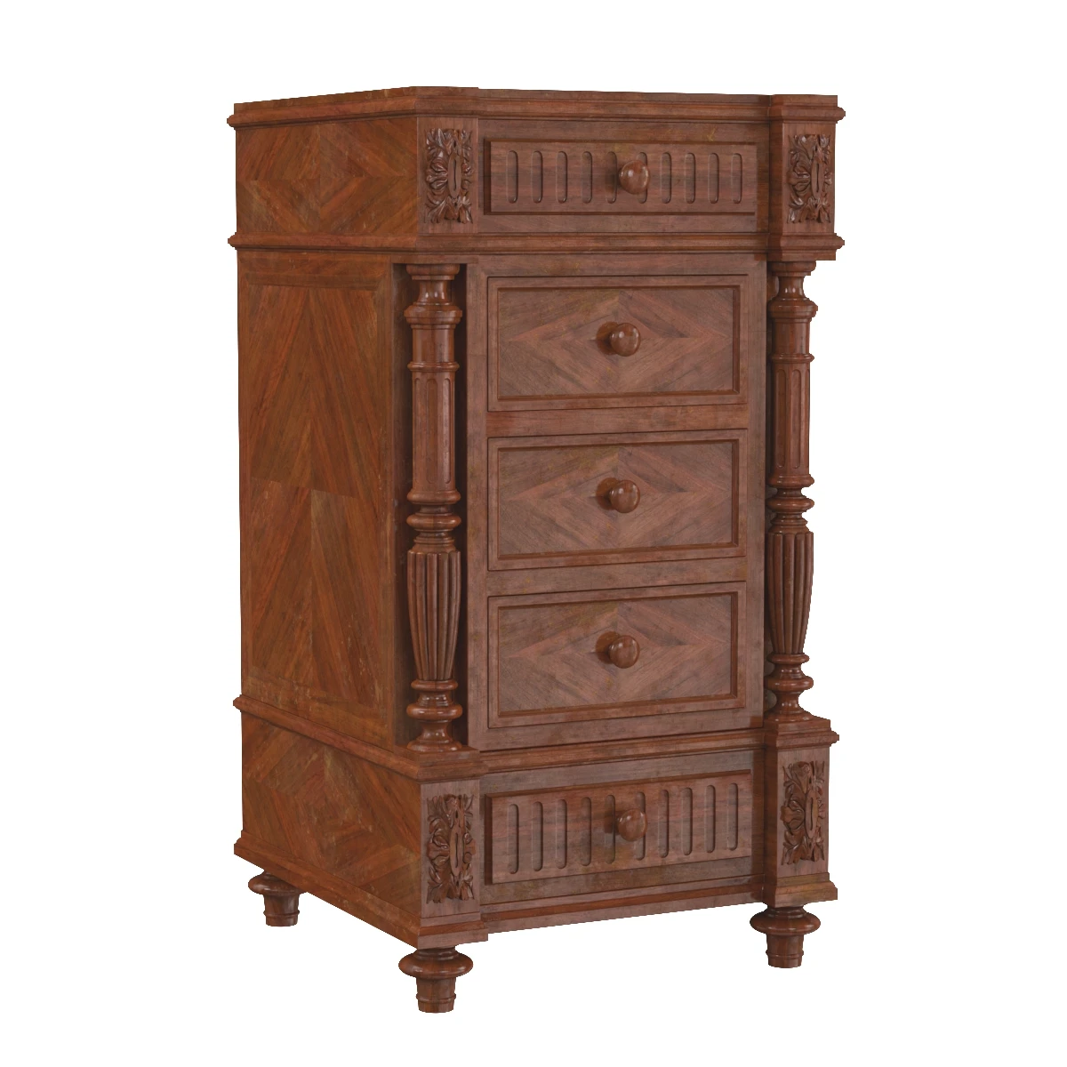 Antique French Walnut Nightstand Bedside Table 3D Model_01