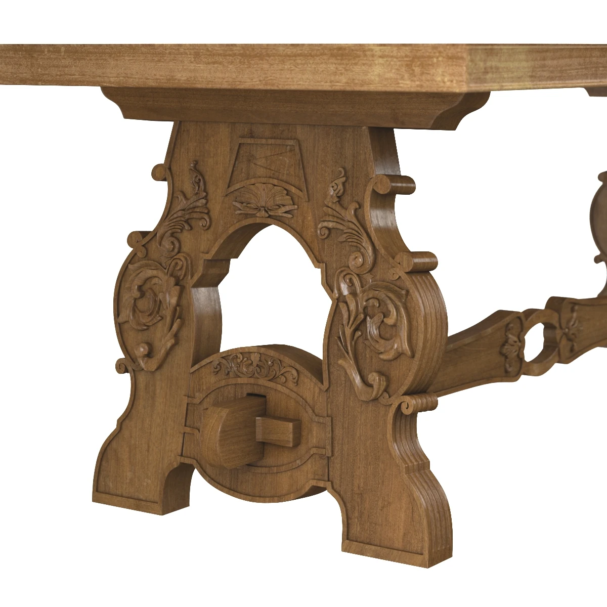 Early 20th Century French Carved Bleached Oak Marquetry Trestle Dining Table 3D Model_05
