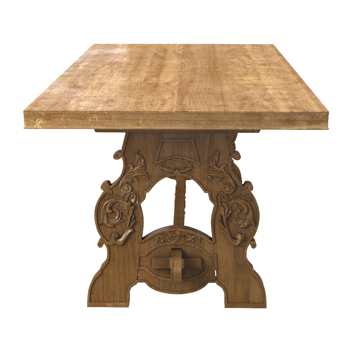 Early 20th Century French Carved Bleached Oak Marquetry Trestle Dining Table 3D Model_04