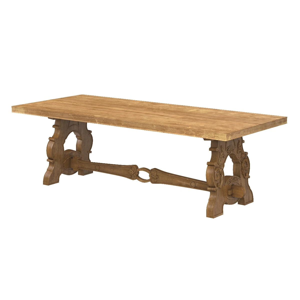 Early 20th Century French Carved Bleached Oak Marquetry Trestle Dining Table 3D Model_01