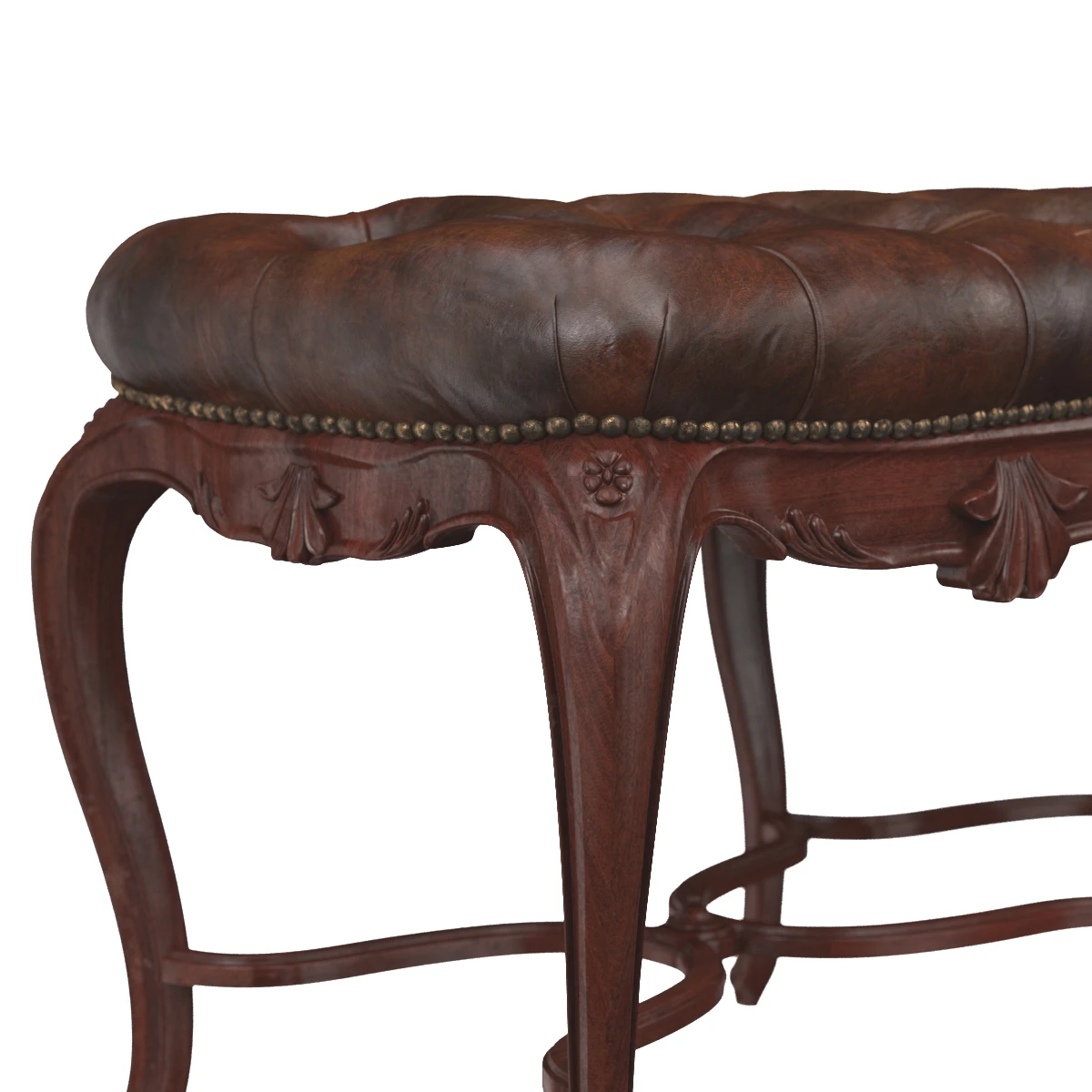 French Leather Tufted Bench C 1900s 3D Model_05