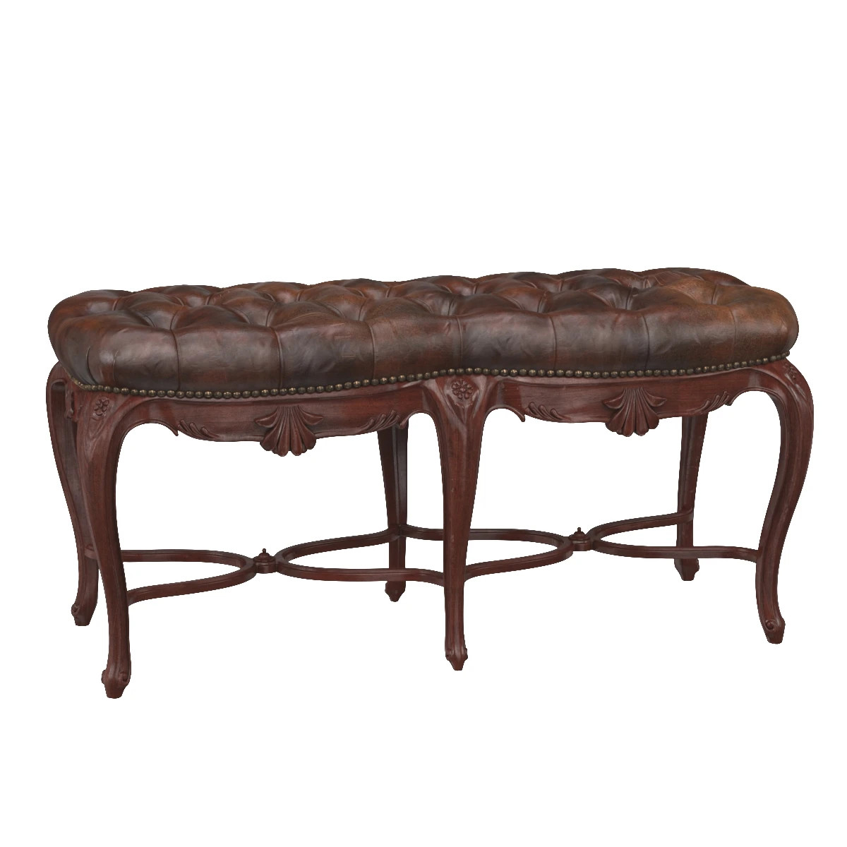 French Leather Tufted Bench C 1900s 3D Model_01