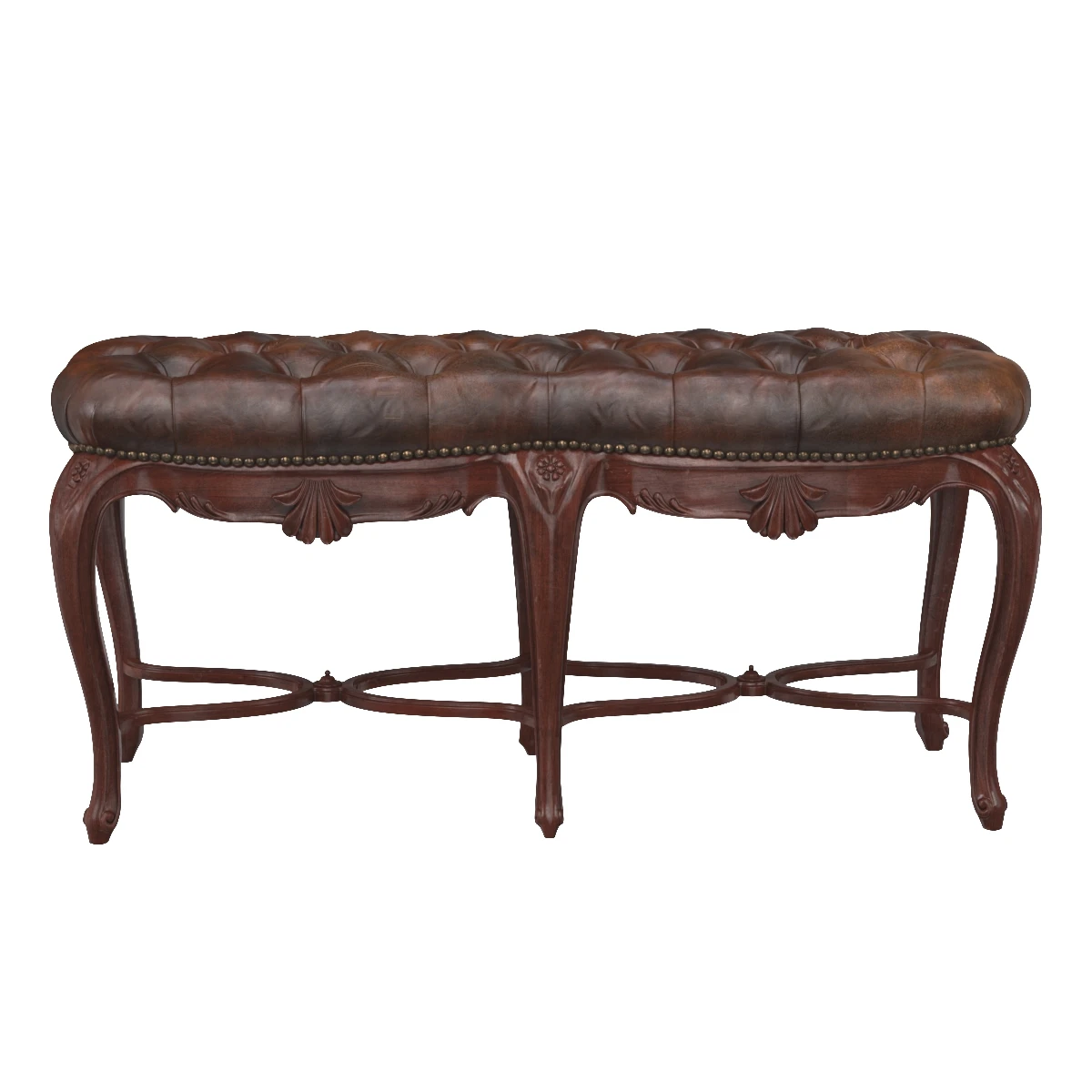 French Leather Tufted Bench C 1900s 3D Model_06