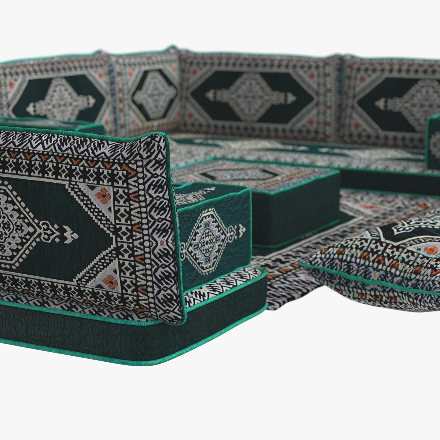 Arabic Sofa Set Floor Cushion Green Pillows Oriental Floor 3D Model_05
