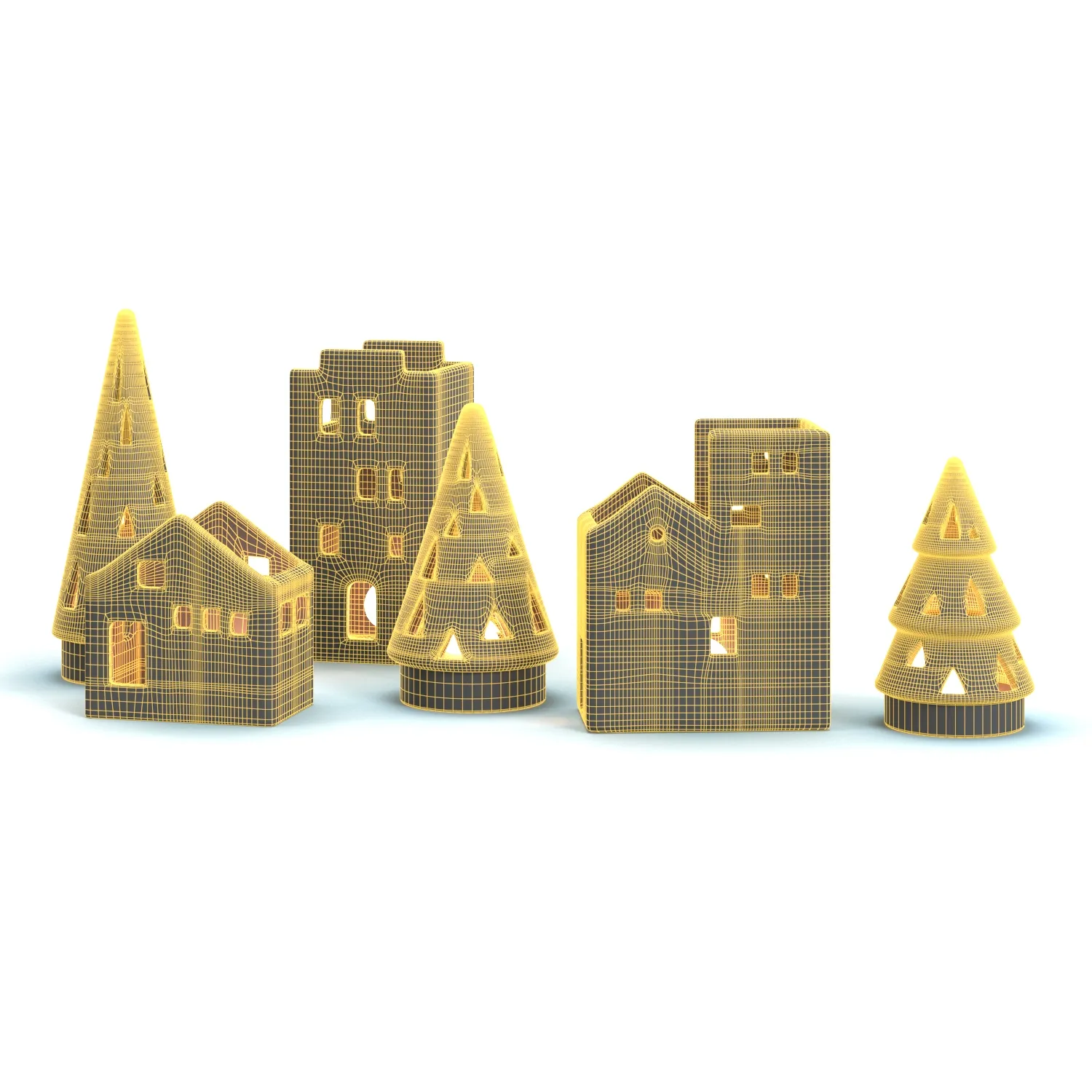 Ceramic Tealight Village Set PBR 3D Model_07